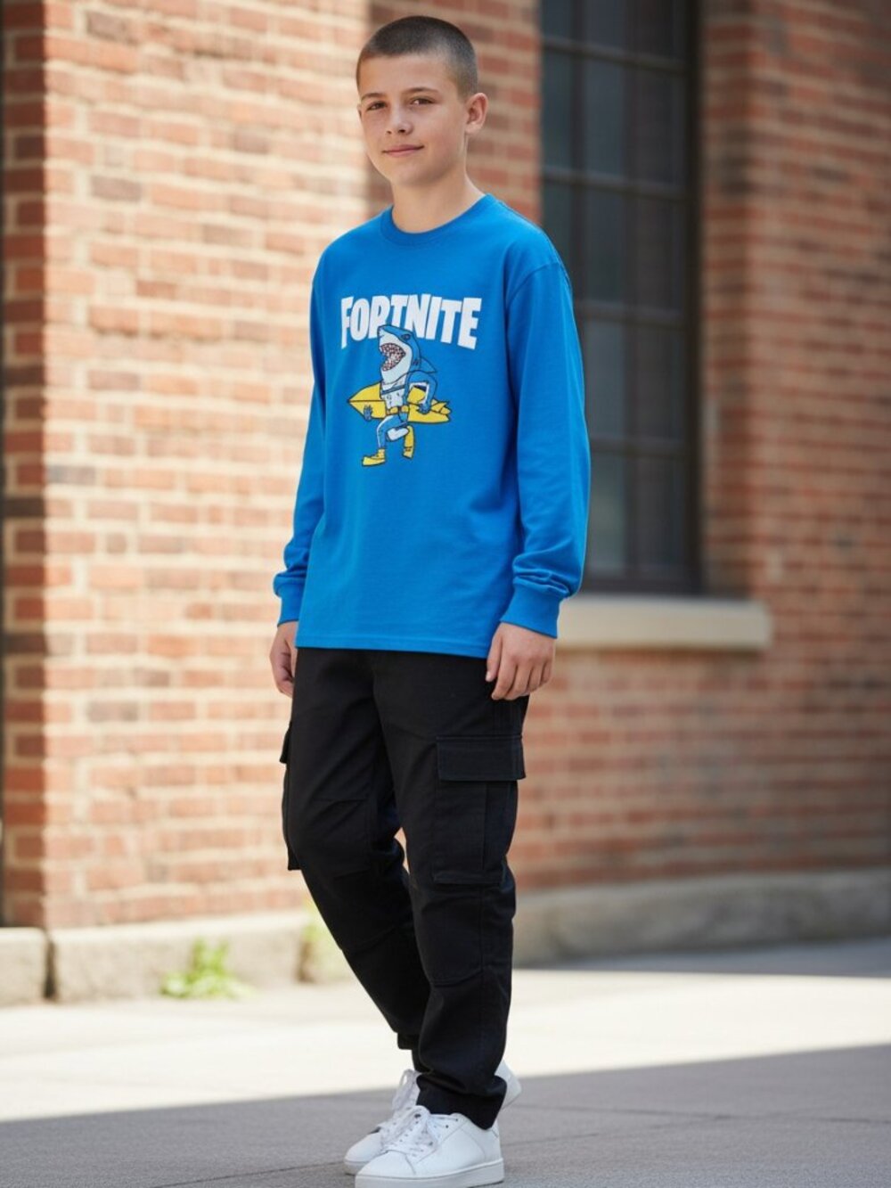 Fortnite Graphic Tee Kids 14/16 Blue Excellent Shark Surfing‎ Long Sleeve Shirt